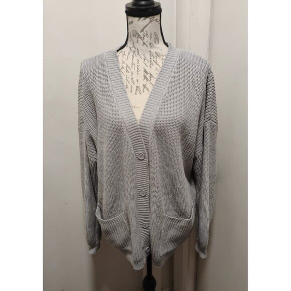 FOREVER 21 Women's Gray Long Sleeve Cardigan V Neck Button Front Pocket Large - Picture 1 of 15